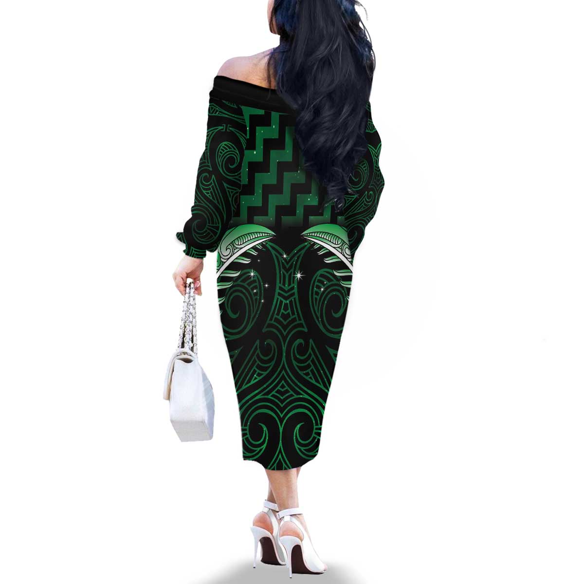Green Matariki New Zealand Family Matching Off The Shoulder Long Sleeve Dress and Hawaiian Shirt Maori Poutama Galaxy Vibes LT14 - Polynesian Pride