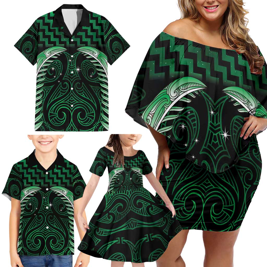 Green Matariki New Zealand Family Matching Off Shoulder Short Dress and Hawaiian Shirt Maori Poutama Galaxy Vibes LT14 - Polynesian Pride