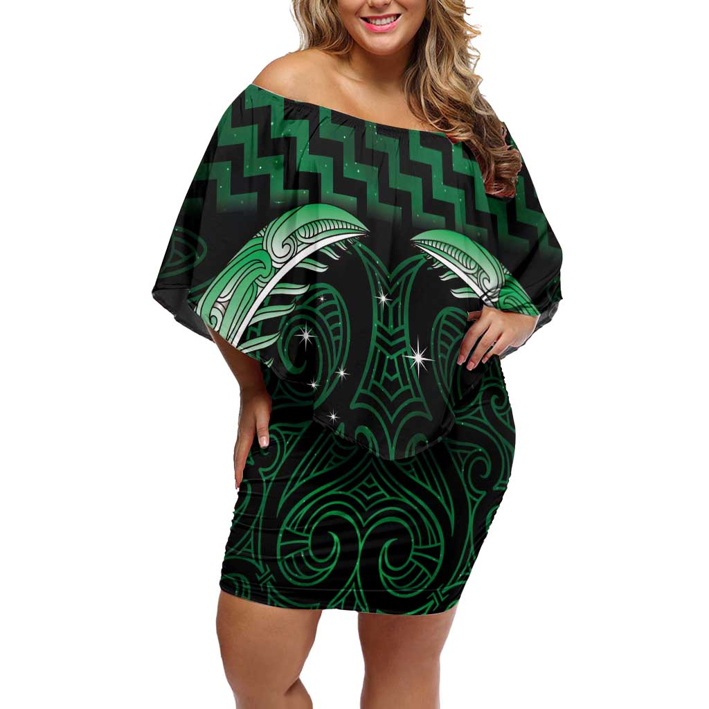 Green Matariki New Zealand Family Matching Off Shoulder Short Dress and Hawaiian Shirt Maori Poutama Galaxy Vibes LT14 Mom's Dress Green - Polynesian Pride