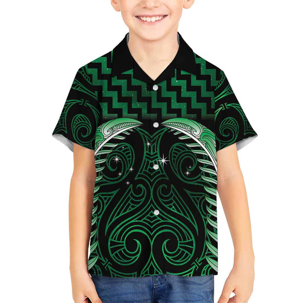 Green Matariki New Zealand Family Matching Off Shoulder Short Dress and Hawaiian Shirt Maori Poutama Galaxy Vibes LT14 Son's Shirt Green - Polynesian Pride