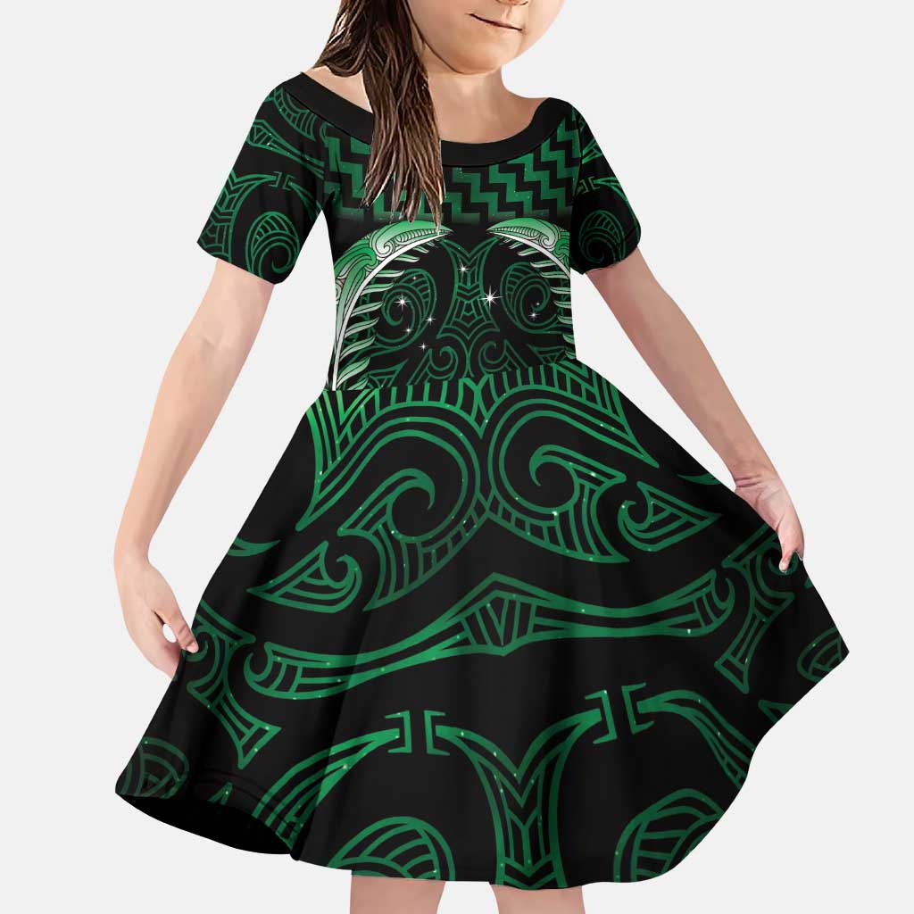 Green Matariki New Zealand Family Matching Puletasi and Hawaiian Shirt Maori Poutama Galaxy Vibes LT14 Daughter's Dress Green - Polynesian Pride