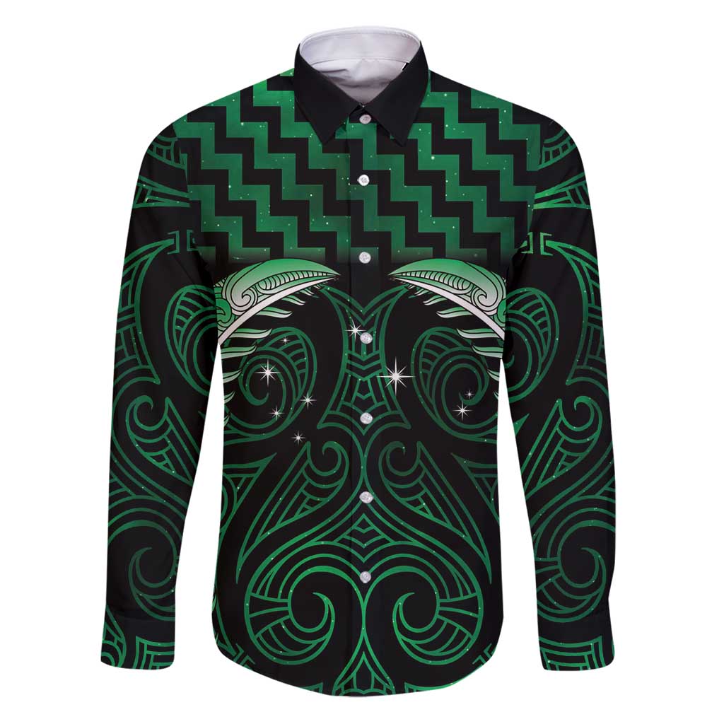 Green Matariki New Zealand Family Matching Puletasi and Hawaiian Shirt Maori Poutama Galaxy Vibes LT14 Dad's Shirt - Long Sleeve Green - Polynesian Pride