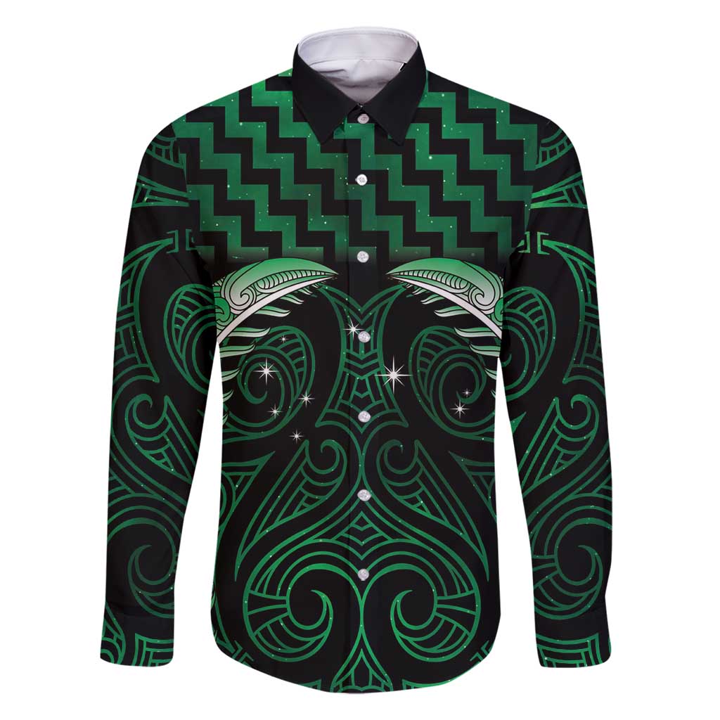 Green Matariki New Zealand Family Matching Tank Maxi Dress and Hawaiian Shirt Maori Poutama Galaxy Vibes LT14 Dad's Shirt - Long Sleeve Green - Polynesian Pride