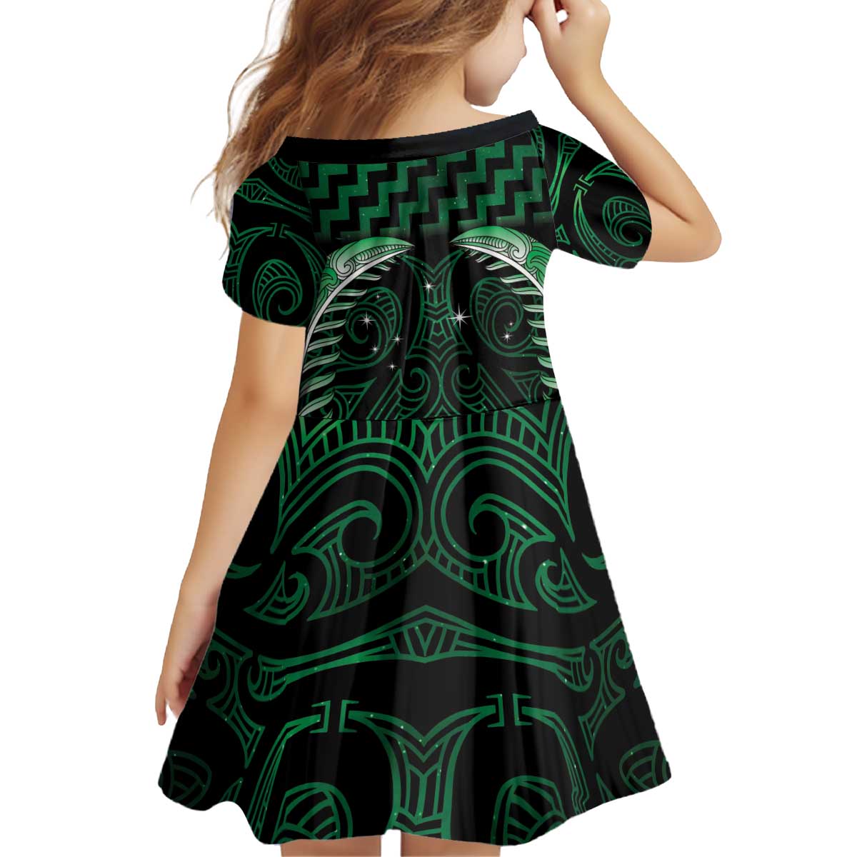 Green Matariki New Zealand Kid Short Sleeve Dress Maori Poutama Galaxy Vibes LT14 - Polynesian Pride