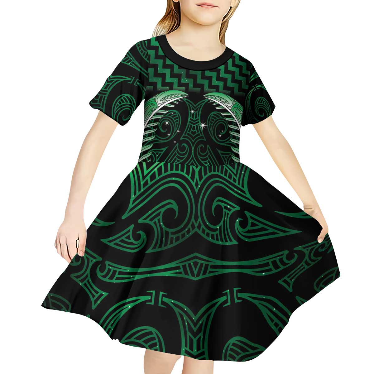 Green Matariki New Zealand Kid Short Sleeve Dress Maori Poutama Galaxy Vibes LT14 - Polynesian Pride