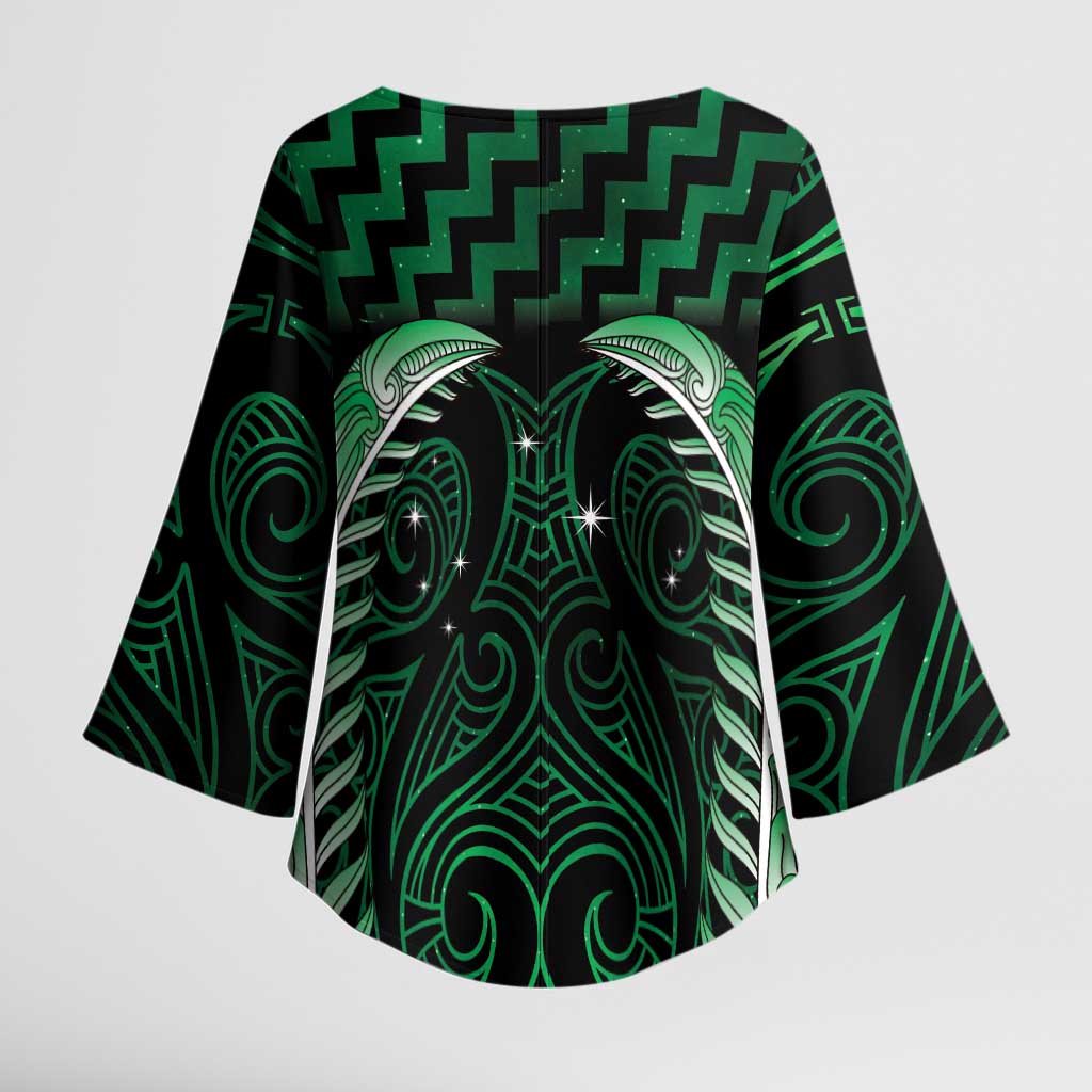 Green Matariki New Zealand Kimono Sleeve Blouse Maori Poutama Galaxy Vibes LT14 - Polynesian Pride