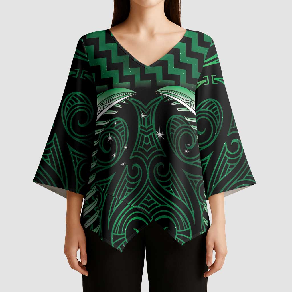 Green Matariki New Zealand Kimono Sleeve Blouse Maori Poutama Galaxy Vibes LT14 - Polynesian Pride