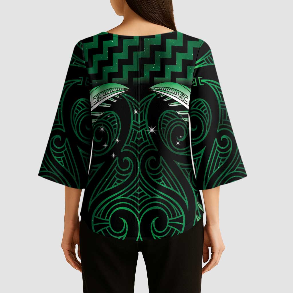 Green Matariki New Zealand Kimono Sleeve Blouse Maori Poutama Galaxy Vibes LT14 - Polynesian Pride