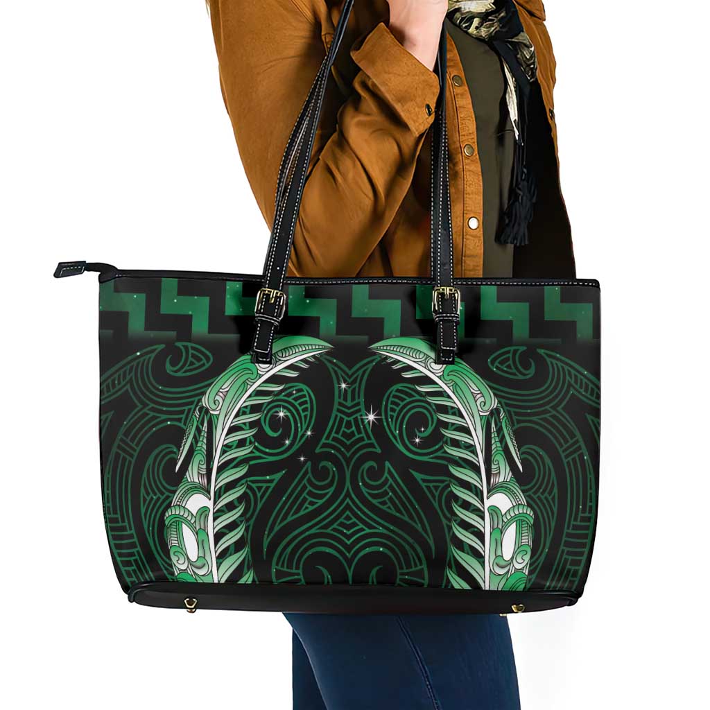 Green Matariki New Zealand Leather Tote Bag Maori Poutama Galaxy Vibes LT14 - Polynesian Pride