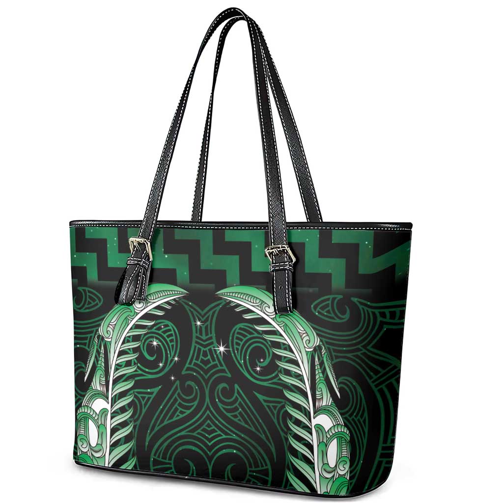 Green Matariki New Zealand Leather Tote Bag Maori Poutama Galaxy Vibes LT14 - Polynesian Pride