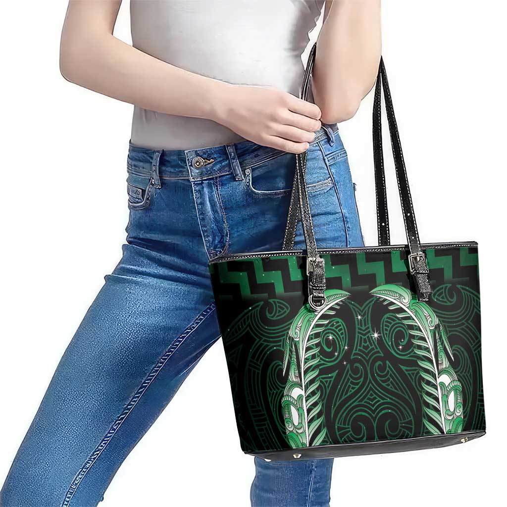 Green Matariki New Zealand Leather Tote Bag Maori Poutama Galaxy Vibes LT14 - Polynesian Pride
