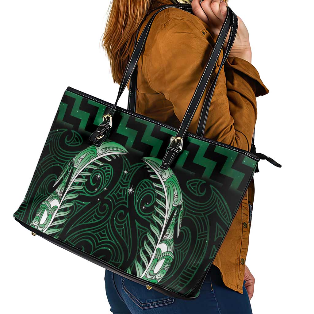 Green Matariki New Zealand Leather Tote Bag Maori Poutama Galaxy Vibes LT14 - Polynesian Pride