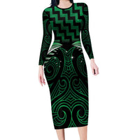Green Matariki New Zealand Long Sleeve Bodycon Dress Maori Poutama Galaxy Vibes LT14 Long Dress Green - Polynesian Pride