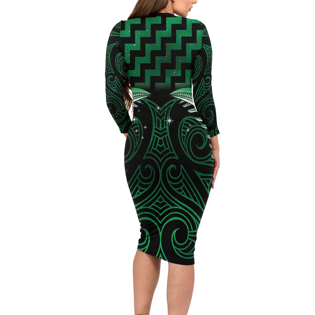 Green Matariki New Zealand Long Sleeve Bodycon Dress Maori Poutama Galaxy Vibes LT14 - Polynesian Pride