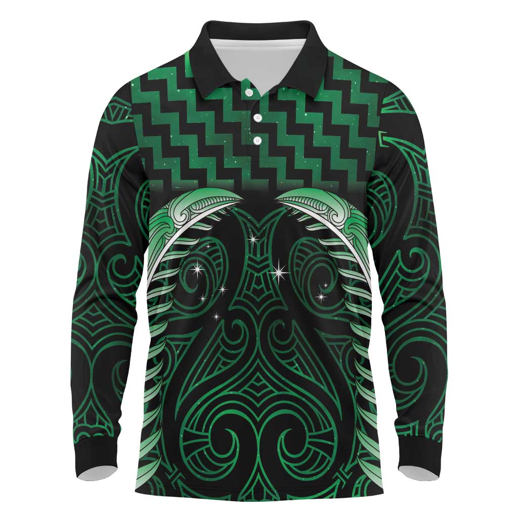Green Matariki New Zealand Long Sleeve Polo Shirt Maori Poutama Galaxy Vibes LT14 Green - Polynesian Pride