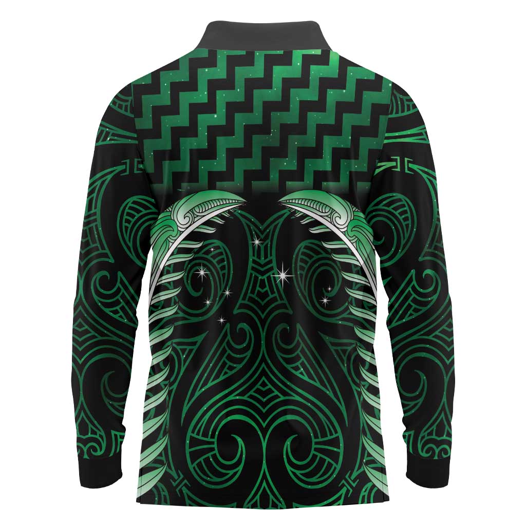 Green Matariki New Zealand Long Sleeve Polo Shirt Maori Poutama Galaxy Vibes LT14 - Polynesian Pride