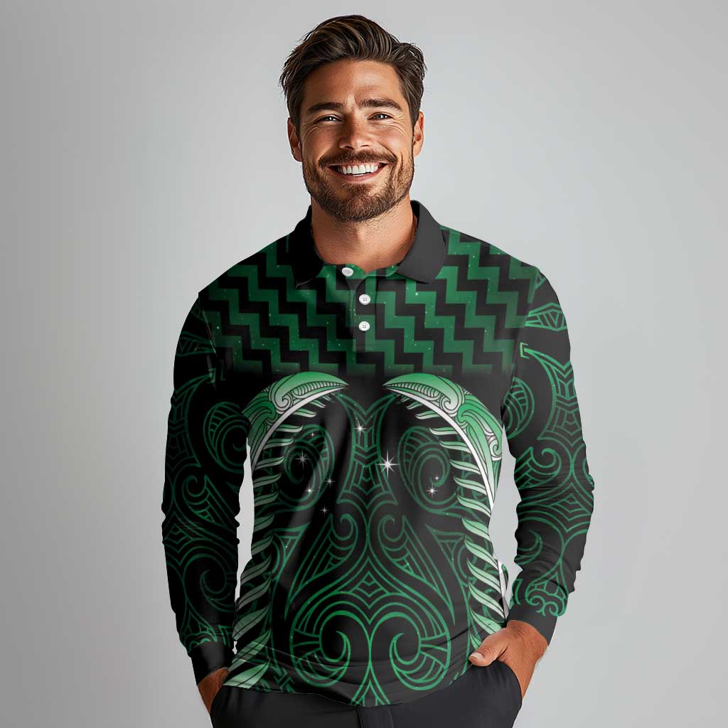 Green Matariki New Zealand Long Sleeve Polo Shirt Maori Poutama Galaxy Vibes LT14 - Polynesian Pride