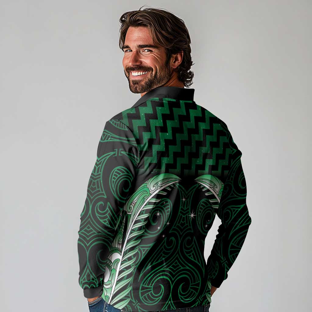 Green Matariki New Zealand Long Sleeve Polo Shirt Maori Poutama Galaxy Vibes LT14 - Polynesian Pride