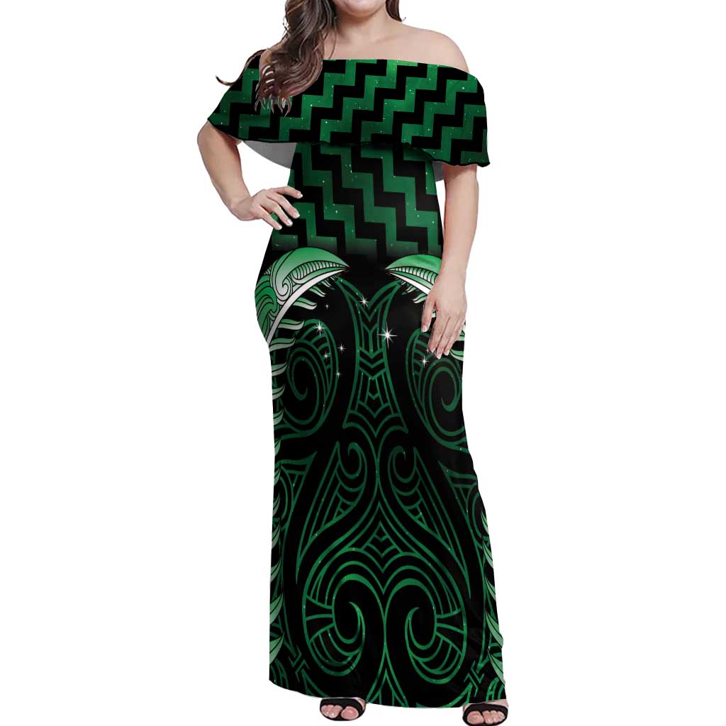 Green Matariki New Zealand Off Shoulder Maxi Dress Maori Poutama Galaxy Vibes LT14 Women Green - Polynesian Pride