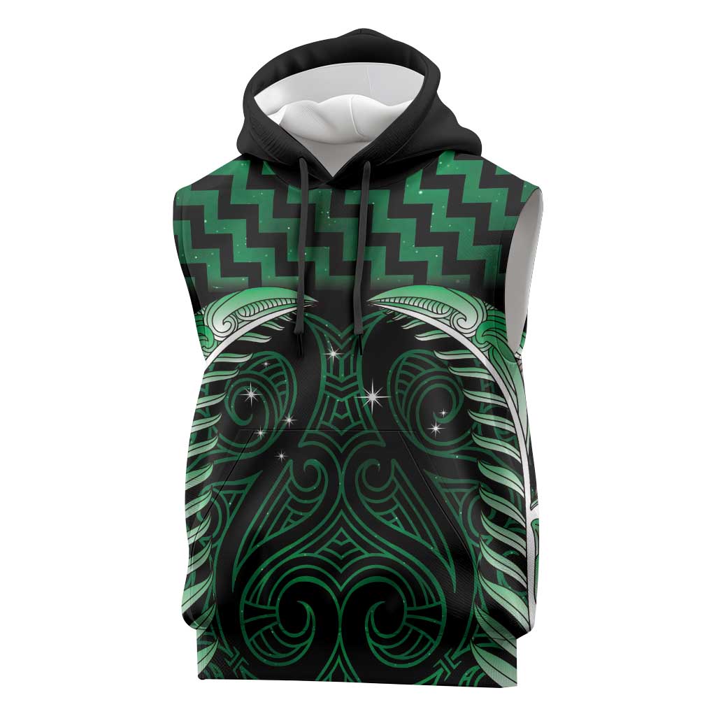 Green Matariki New Zealand Sleeveless Hoodie Maori Poutama Galaxy Vibes LT14 Green - Polynesian Pride