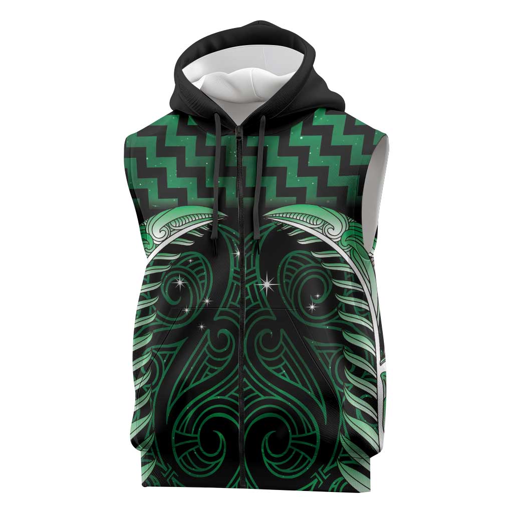 Green Matariki New Zealand Sleeveless Zip Hoodie Maori Poutama Galaxy Vibes LT14 Green - Polynesian Pride