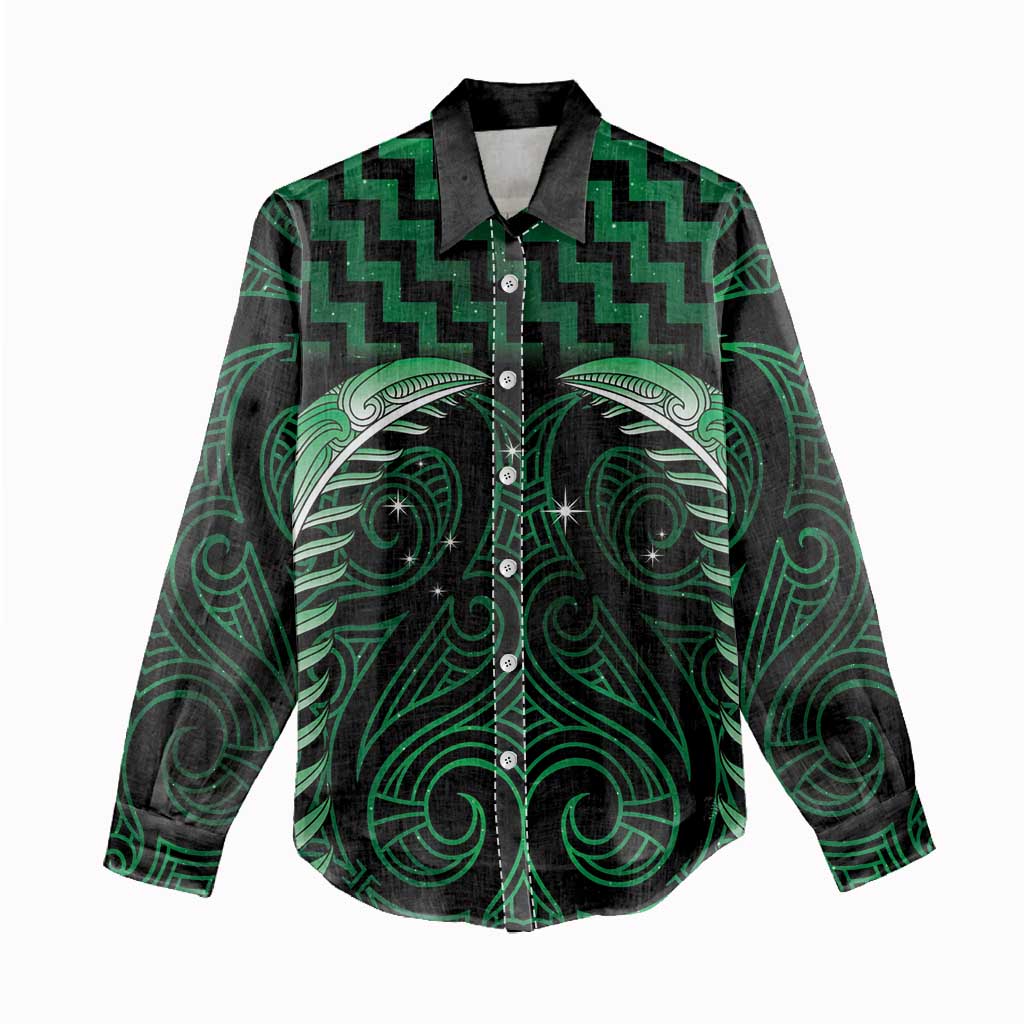 Green Matariki New Zealand Women Casual Shirt Maori Poutama Galaxy Vibes