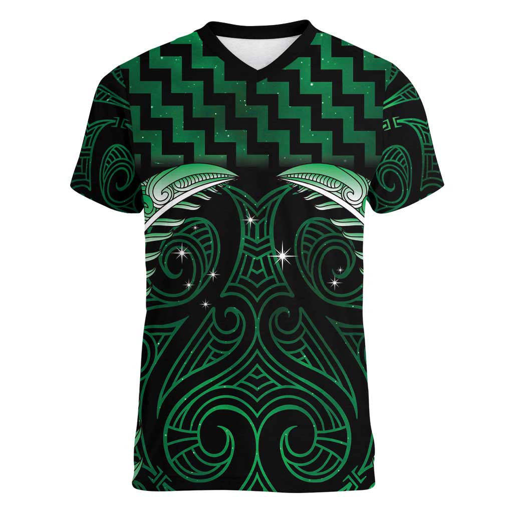 Green Matariki New Zealand Women V-Neck T-Shirt Maori Poutama Galaxy Vibes LT14 Female Green - Polynesian Pride