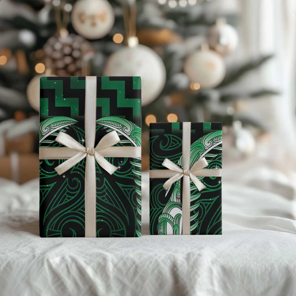 Green Matariki New Zealand Wrapping Paper Maori Poutama Galaxy Vibes - Polynesian Pride