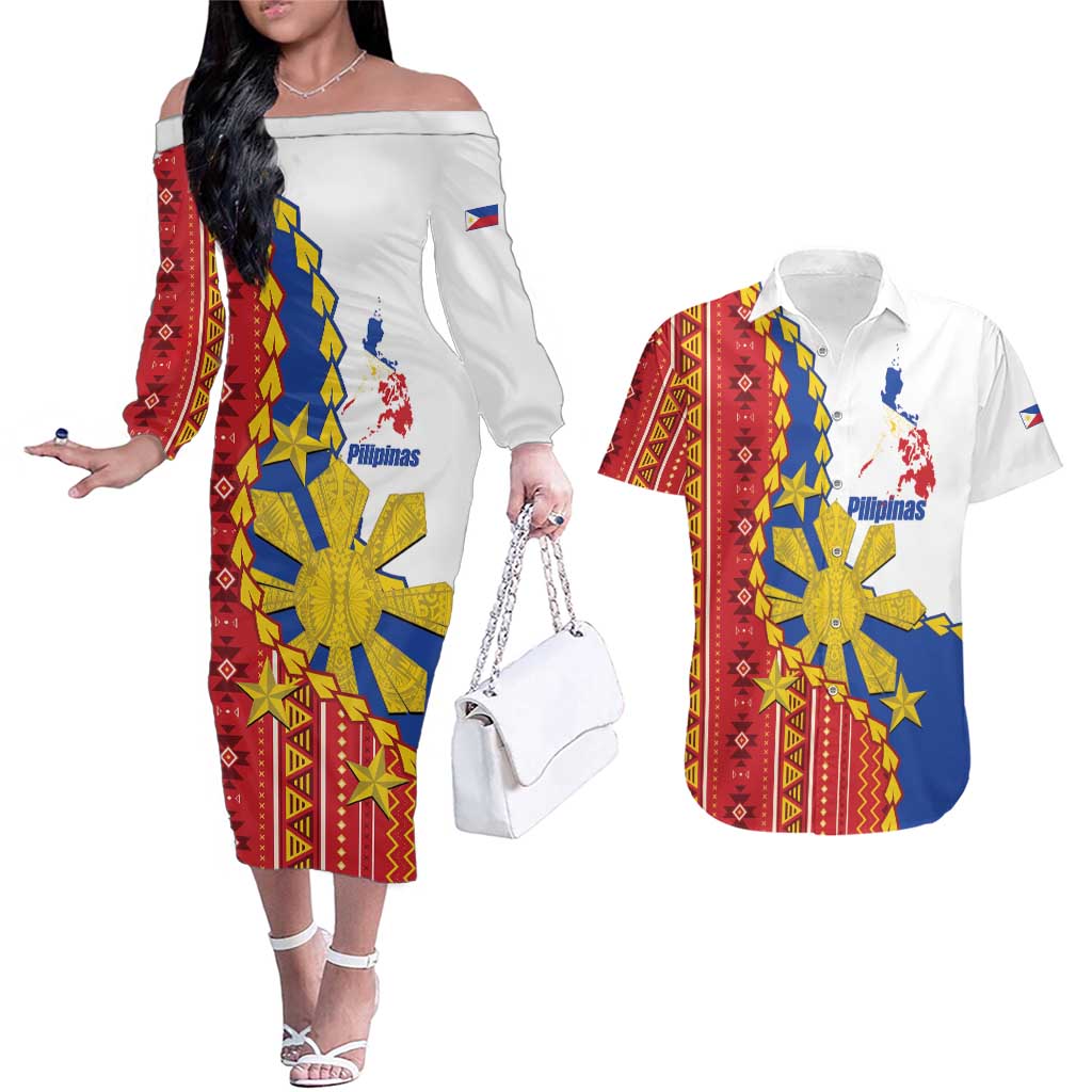 Philippines Independence Day Couples Matching Off The Shoulder Long Sleeve Dress and Hawaiian Shirt Pilipinas Sun Stars Igorot Pattern LT14 Red - Polynesian Pride