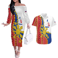 Philippines Independence Day Couples Matching Off The Shoulder Long Sleeve Dress and Hawaiian Shirt Pilipinas Sun Stars Igorot Pattern LT14 Red - Polynesian Pride