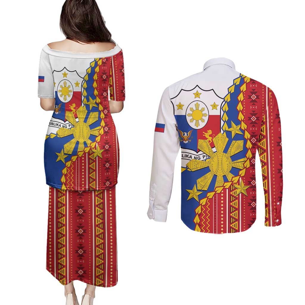 Philippines Independence Day Couples Matching Puletasi and Long Sleeve Button Shirt Pilipinas Sun Stars Igorot Pattern