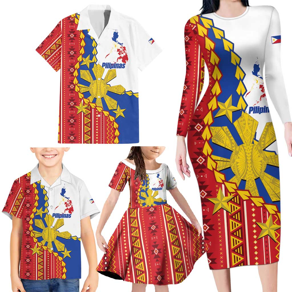 Philippines Independence Day Family Matching Long Sleeve Bodycon Dress and Hawaiian Shirt Pilipinas Sun Stars Igorot Pattern LT14 - Polynesian Pride
