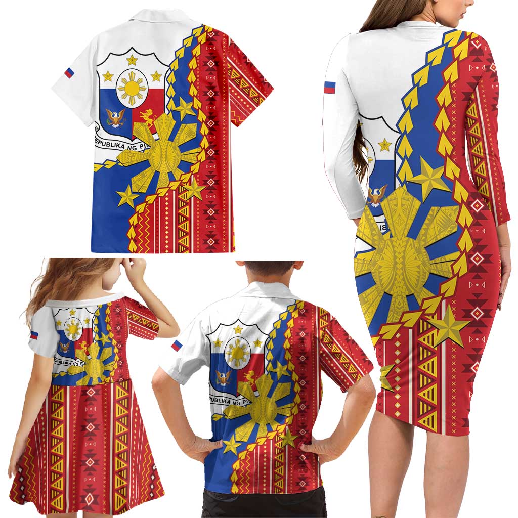 Philippines Independence Day Family Matching Long Sleeve Bodycon Dress and Hawaiian Shirt Pilipinas Sun Stars Igorot Pattern LT14 - Polynesian Pride