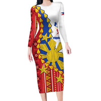 Philippines Independence Day Family Matching Long Sleeve Bodycon Dress and Hawaiian Shirt Pilipinas Sun Stars Igorot Pattern LT14 Mom's Dress Red - Polynesian Pride