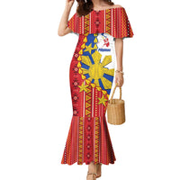 Philippines Independence Day Family Matching Mermaid Dress and Hawaiian Shirt Pilipinas Sun Stars Igorot Pattern LT14 Mom's Dress Red - Polynesian Pride