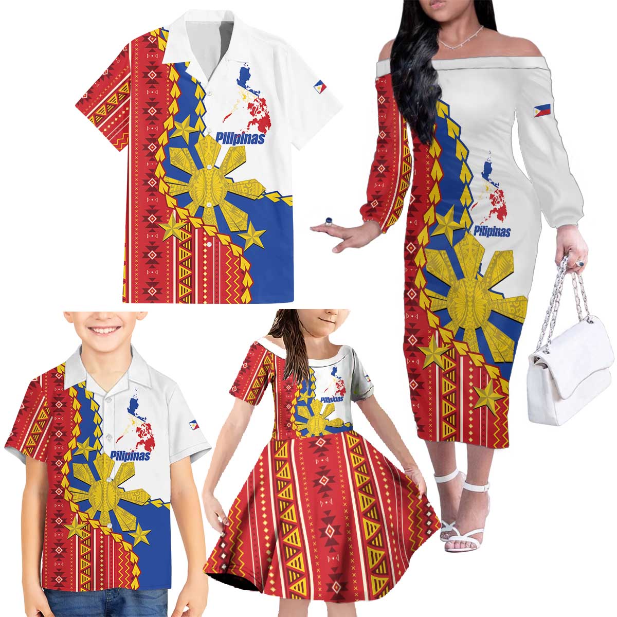 Philippines Independence Day Family Matching Off The Shoulder Long Sleeve Dress and Hawaiian Shirt Pilipinas Sun Stars Igorot Pattern LT14 - Polynesian Pride