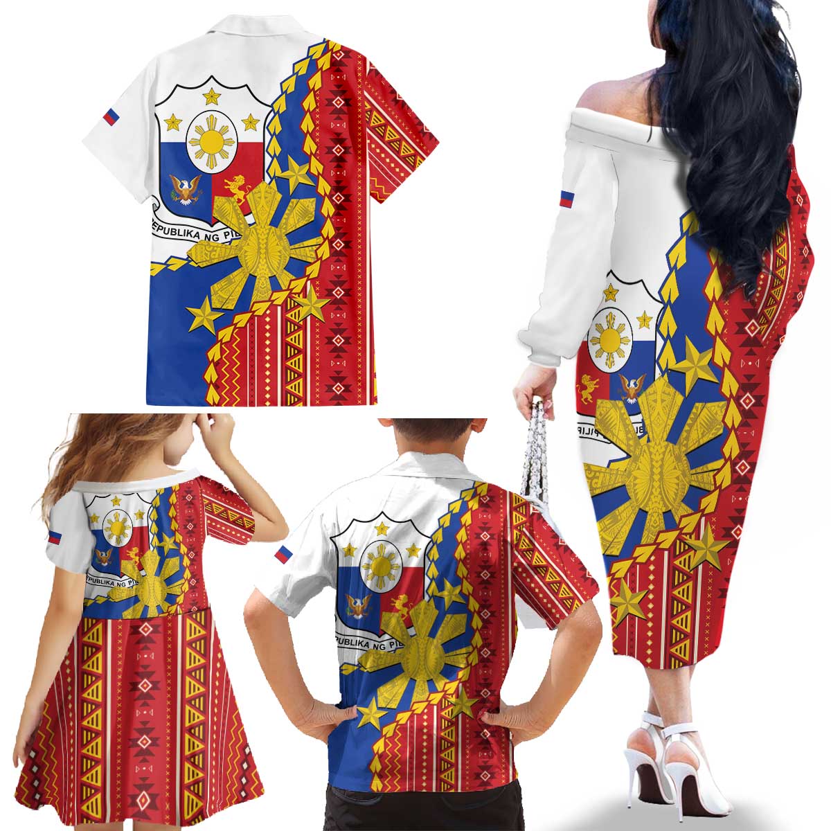 Philippines Independence Day Family Matching Off The Shoulder Long Sleeve Dress and Hawaiian Shirt Pilipinas Sun Stars Igorot Pattern LT14 - Polynesian Pride