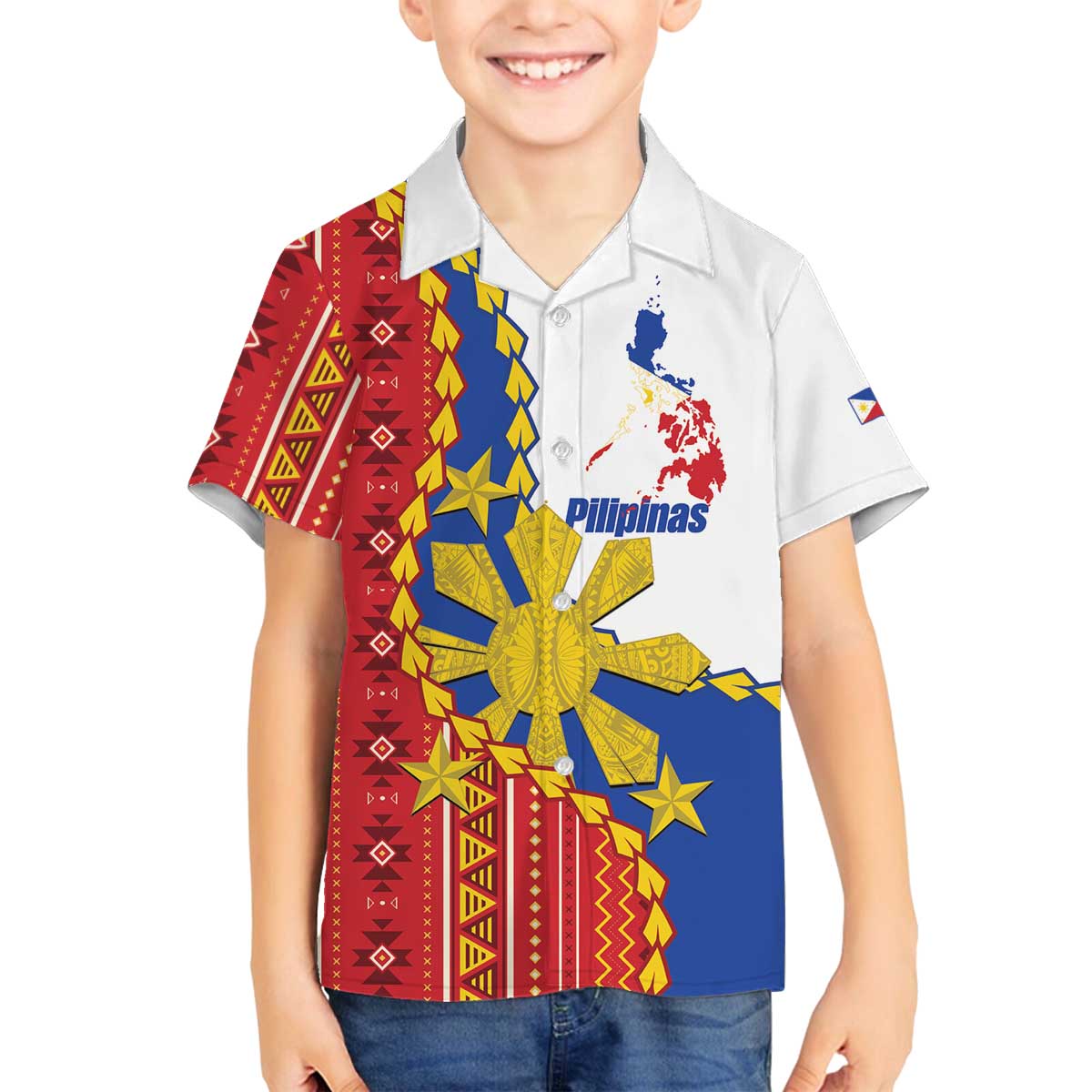 Philippines Independence Day Family Matching Off The Shoulder Long Sleeve Dress and Hawaiian Shirt Pilipinas Sun Stars Igorot Pattern LT14 Son's Shirt Red - Polynesian Pride