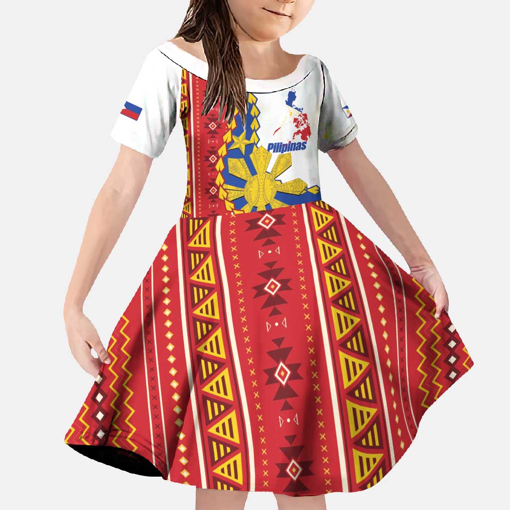 Philippines Independence Day Family Matching Off Shoulder Maxi Dress and Hawaiian Shirt Pilipinas Sun Stars Igorot Pattern LT14 Daughter's Dress Red - Polynesian Pride