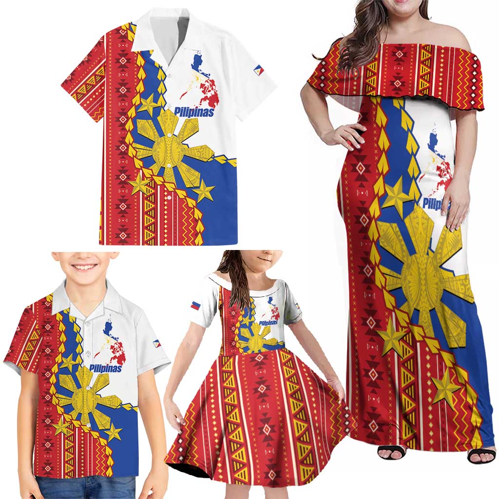 Philippines Independence Day Family Matching Off Shoulder Maxi Dress and Hawaiian Shirt Pilipinas Sun Stars Igorot Pattern LT14 - Polynesian Pride