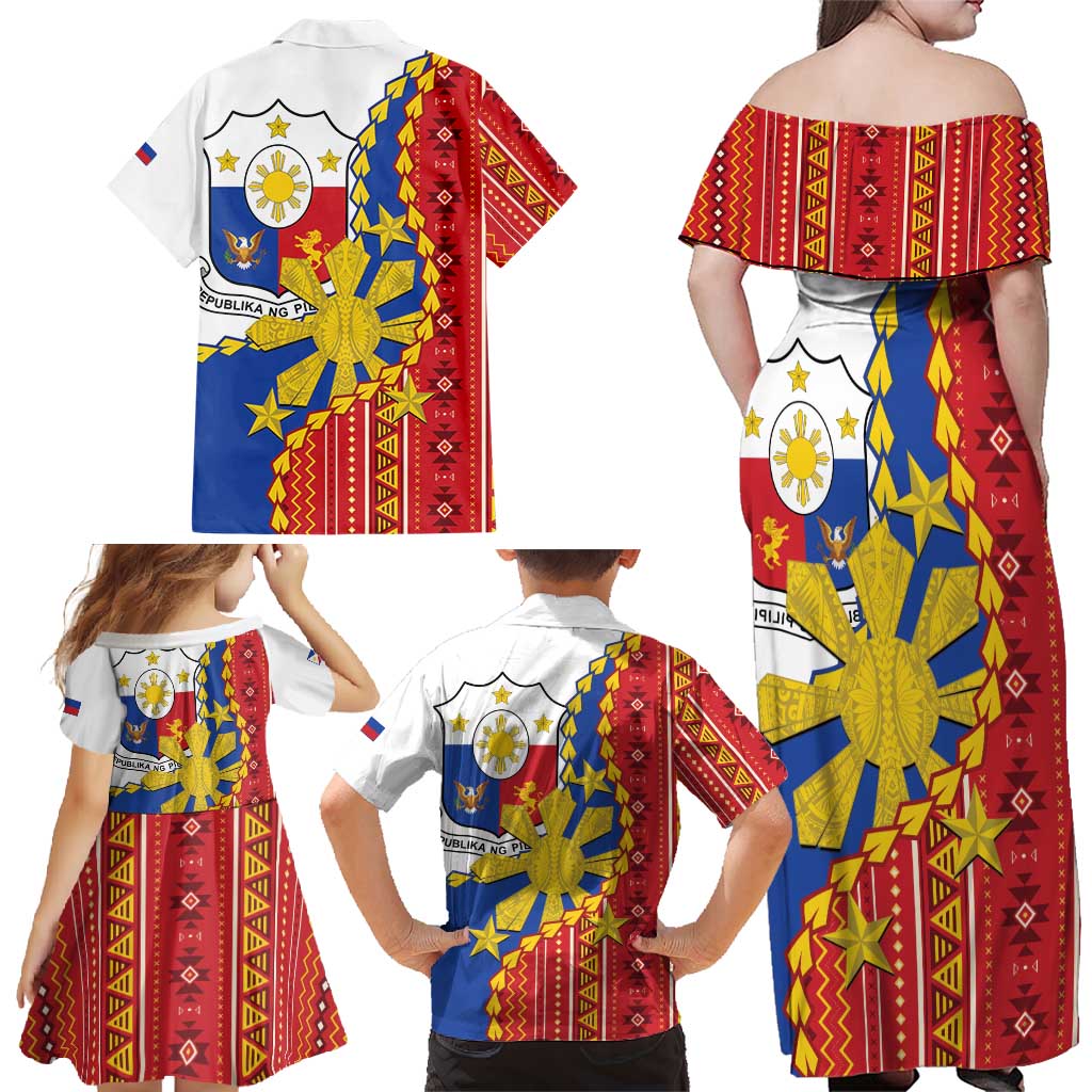 Philippines Independence Day Family Matching Off Shoulder Maxi Dress and Hawaiian Shirt Pilipinas Sun Stars Igorot Pattern LT14 - Polynesian Pride