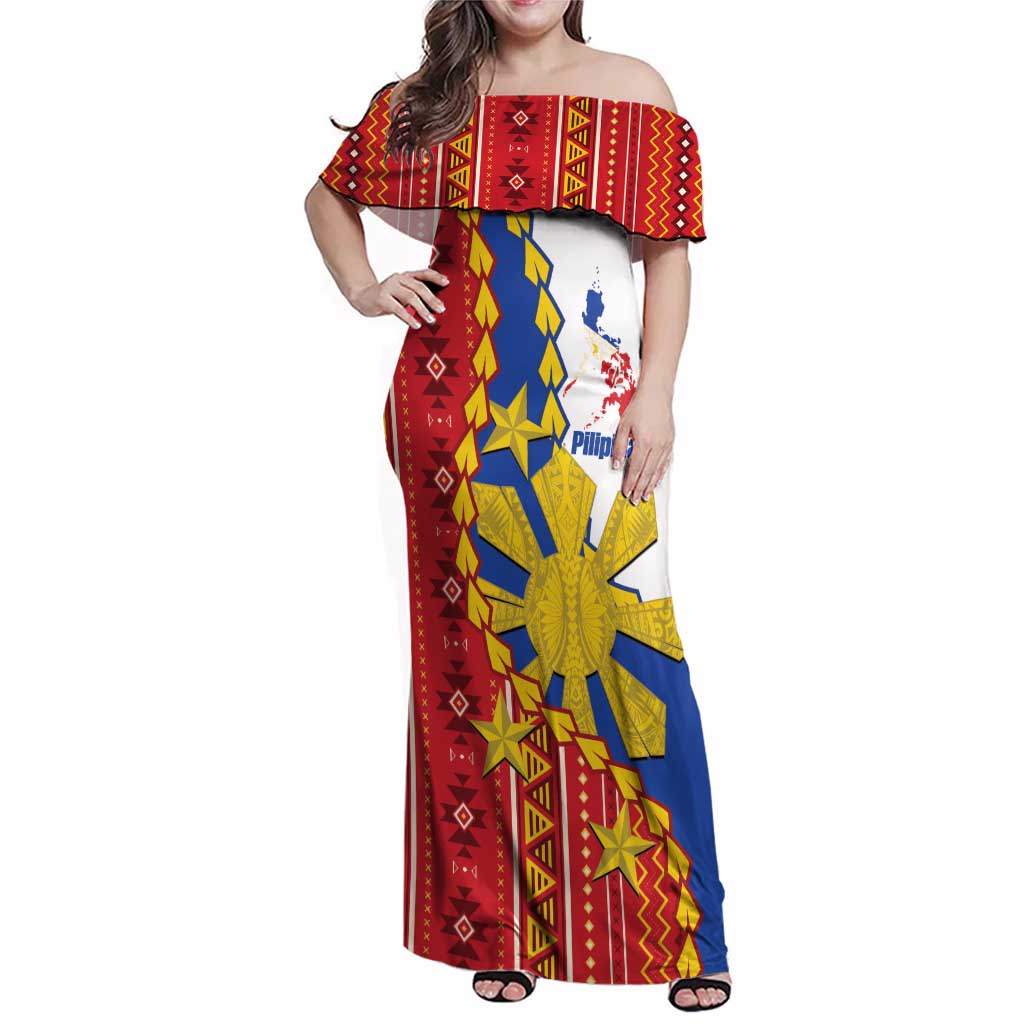 Philippines Independence Day Family Matching Off Shoulder Maxi Dress and Hawaiian Shirt Pilipinas Sun Stars Igorot Pattern LT14 Mom's Dress Red - Polynesian Pride