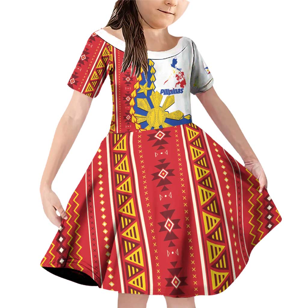 Philippines Independence Day Family Matching Off Shoulder Short Dress and Hawaiian Shirt Pilipinas Sun Stars Igorot Pattern LT14 Daughter's Dress Red - Polynesian Pride