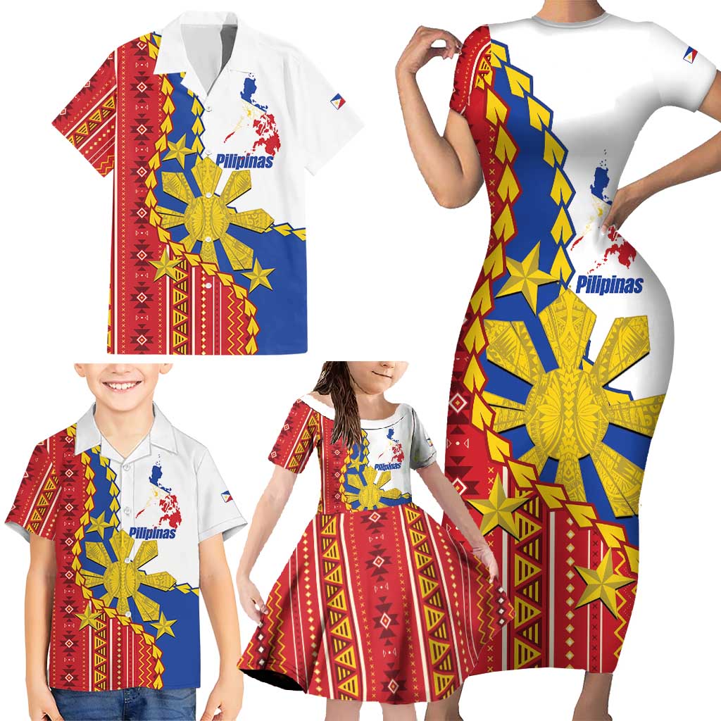 Philippines Independence Day Family Matching Short Sleeve Bodycon Dress and Hawaiian Shirt Pilipinas Sun Stars Igorot Pattern LT14 - Polynesian Pride