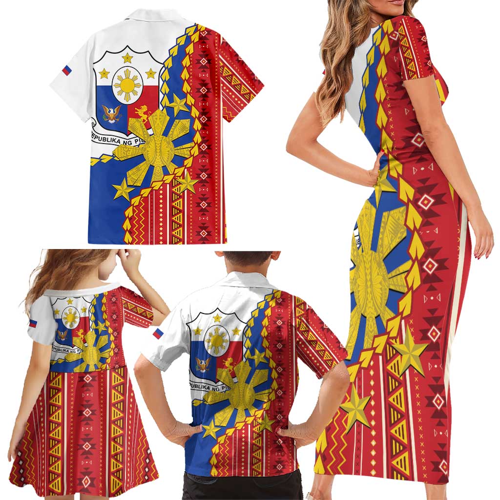 Philippines Independence Day Family Matching Short Sleeve Bodycon Dress and Hawaiian Shirt Pilipinas Sun Stars Igorot Pattern LT14 - Polynesian Pride