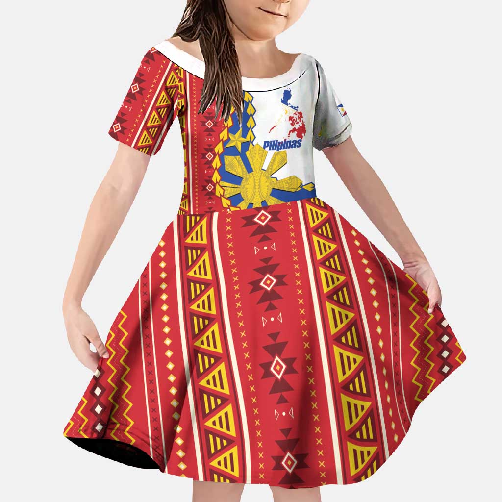 Philippines Independence Day Family Matching Summer Maxi Dress and Hawaiian Shirt Pilipinas Sun Stars Igorot Pattern LT14 Daughter's Dress Red - Polynesian Pride