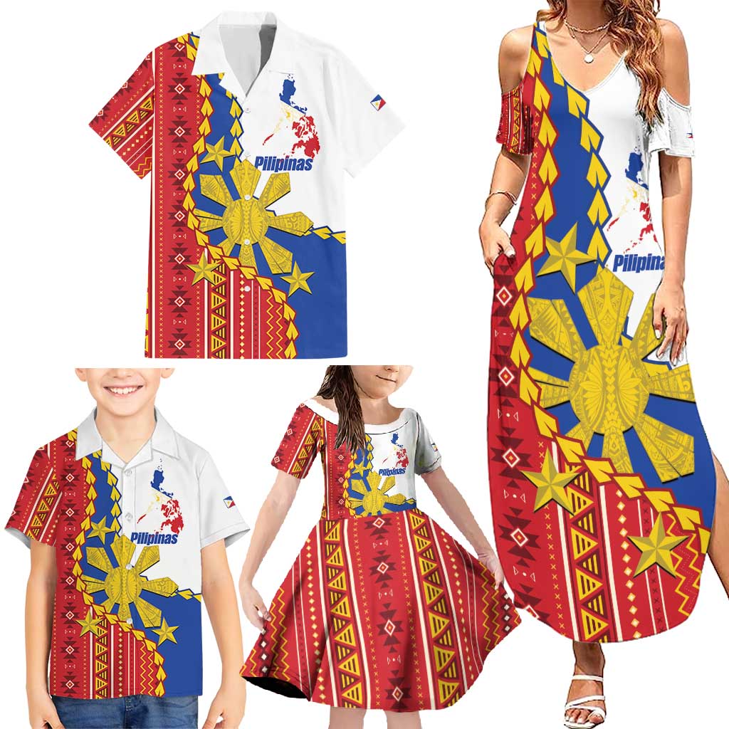 Philippines Independence Day Family Matching Summer Maxi Dress and Hawaiian Shirt Pilipinas Sun Stars Igorot Pattern LT14 - Polynesian Pride