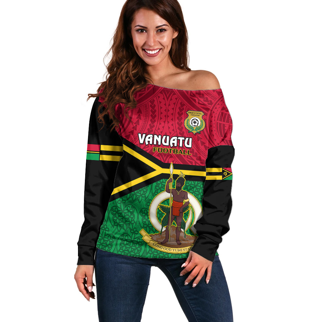 Vanuatu Football Off Shoulder Sweater Vanuatuan Coat Of Arm Polynesian Flag Style LT14 Women Red - Polynesian Pride