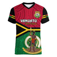 Vanuatu Football Women V Neck T Shirt Vanuatuan Coat Of Arm Polynesian Flag Style LT14 Female Red - Polynesian Pride