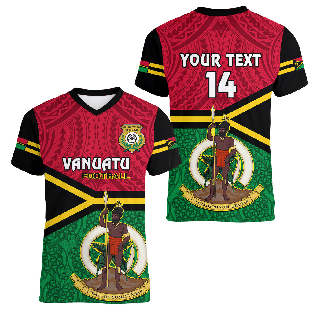Personalised Vanuatu Football Women V Neck T Shirt Vanuatuan Coat Of Arm Polynesian Flag Style LT14 - Polynesian Pride